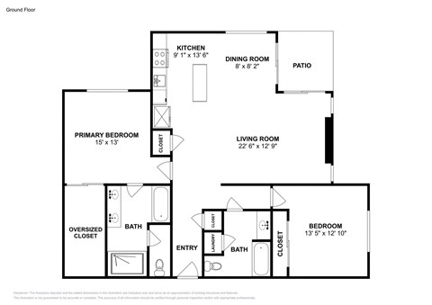 Floor plan for 2 beds, 2 baths, 1305 sqft