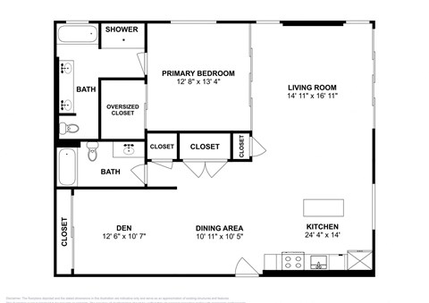 Floor plan for 1 bed, 2 baths, 1345 sqft