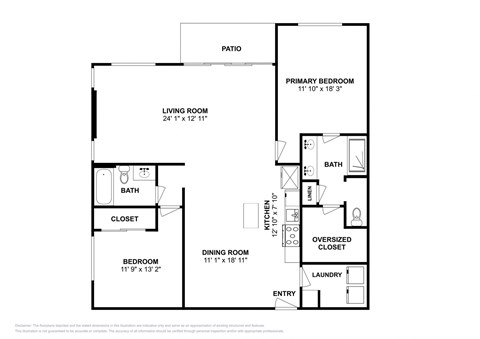 Floor plan for 2 beds, 2 baths, 1405 sqft
