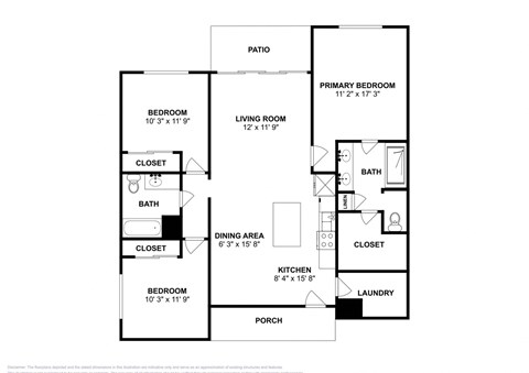 Floor plan for 3 beds, 2 baths, 1420 sqft