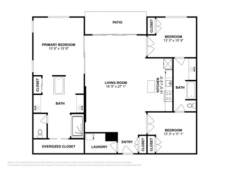 Floor plan for 3 beds, 2 baths, 1725 sqft
