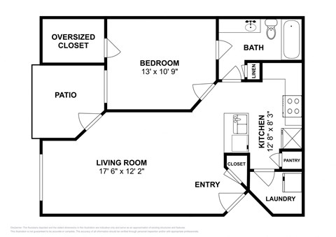Floor plan for 1 bed, 1 bath, 691 sqft