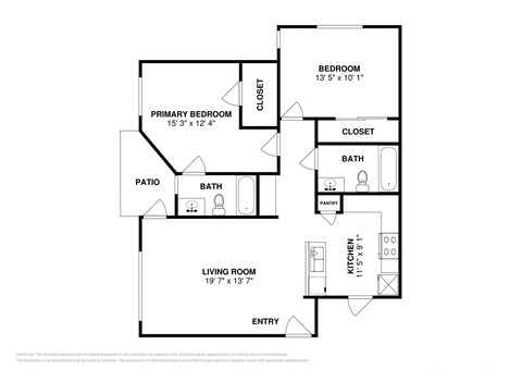 Floor plan for 2 beds, 2 baths, 939 sqft