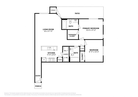 Floor plan for 2 beds, 2 baths, 1035 sqft