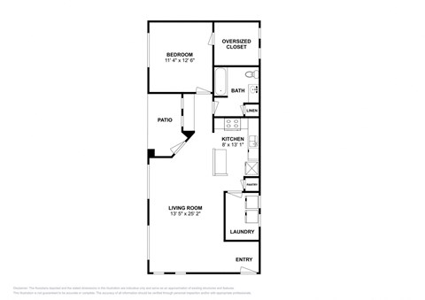 Floor plan for 1 bed, 1 bath, 858 sqft