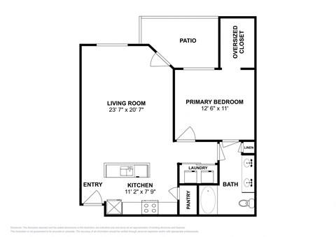 Floor plan for 1 bed, 1 bath, 768 sqft