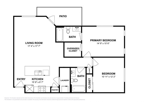 Floor plan for 2 beds, 2 baths, 980 sqft