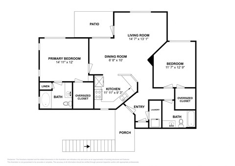 Floor plan for 2 beds, 2 baths, 1136 sqft