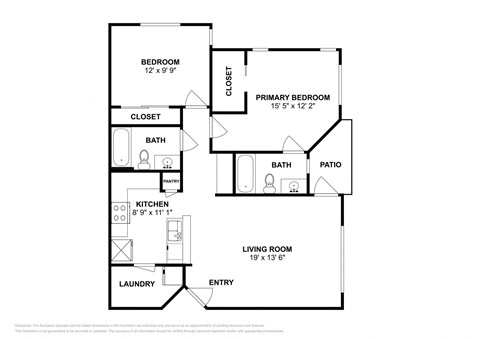 Floor plan for 2 beds, 2 baths, 936 sqft