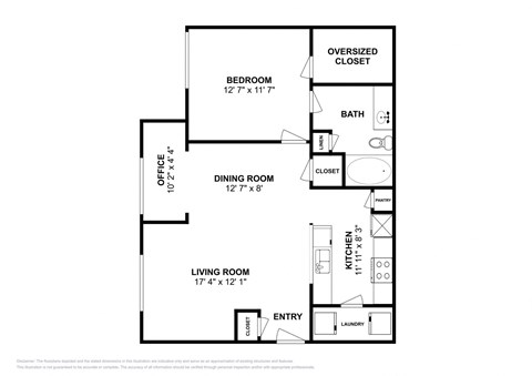 Floor plan for 1 bed, 1 bath, 844 sqft