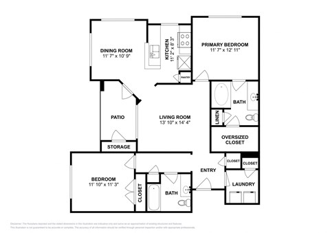 Floor plan for 2 beds, 2 baths, 1148 sqft