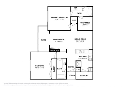 Floor plan for 2 beds, 2 baths, 1191 sqft