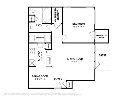 Floor plan for 1 bed, 1 bath, 797 sqft