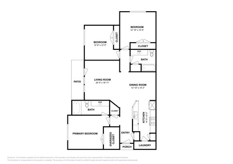 Floor plan for 3 beds, 2 baths, 1336 sqft