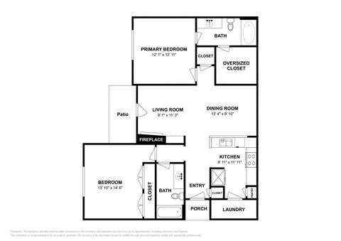 Floor plan for 2 beds, 2 baths, 1083 sqft
