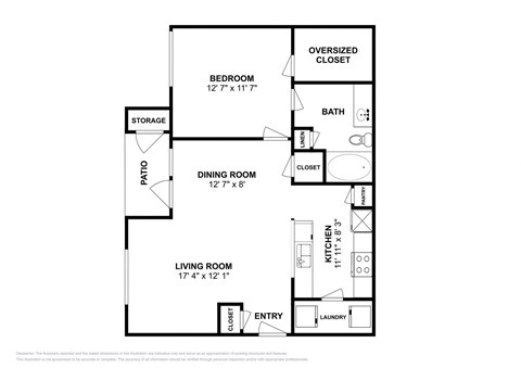 Floor plan for 1 bed, 1 bath, 786 sqft