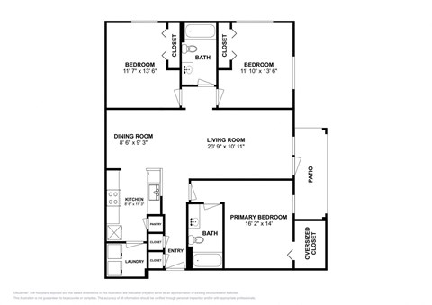Floor plan for 3 beds, 2 baths, 1261 sqft