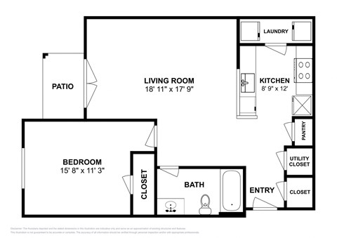 Floor plan for 1 bed, 1 bath, 748 sqft