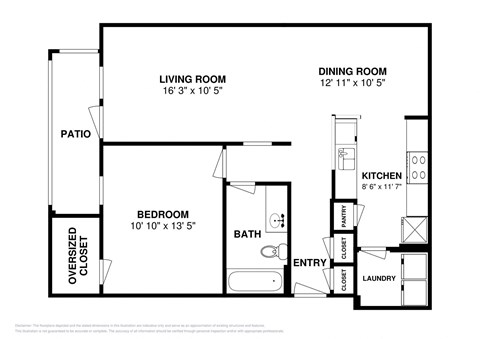 Floor plan for 1 bed, 1 bath, 823 sqft