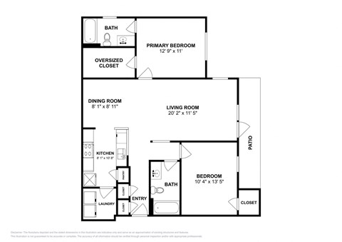 Floor plan for 2 beds, 2 baths, 1092 sqft