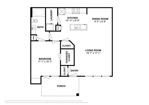 Floor plan for 1 bed, 1 bath, 877 sqft