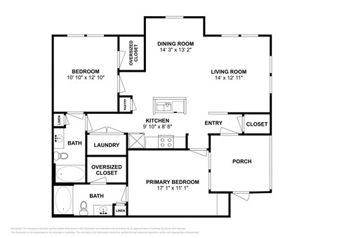 Floor plan for 2 beds, 2 baths, 1053 sqft