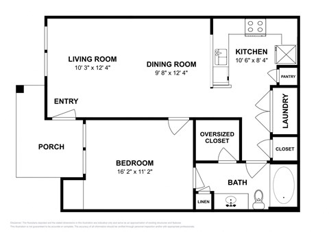 Floor plan for 1 bed, 1 bath, 716 sqft