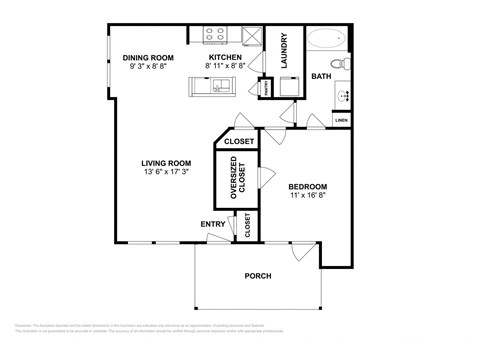 Floor plan for 1 bed, 1 bath, 798 sqft