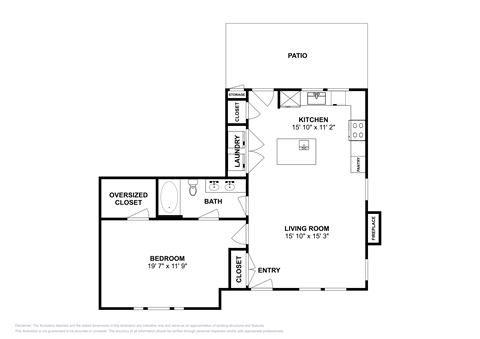 Floor plan for 1 bed, 1 bath, 886 sqft