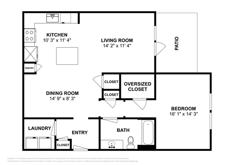 Floor plan for 1 bed, 1 bath, 885 sqft