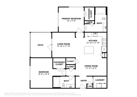 Floor plan for 2 beds, 2 baths, 1166 sqft