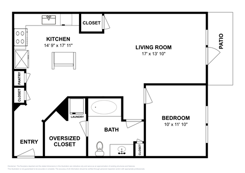 Floor plan for 1 bed, 1 bath, 781 sqft