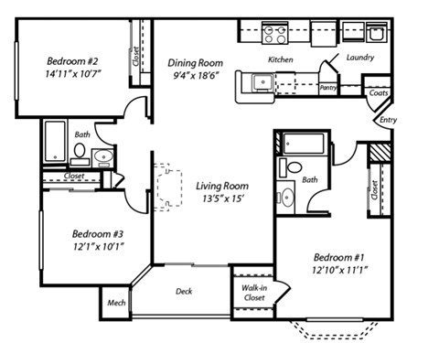 Floor plan for 3 beds, 2 baths, 1256 sqft