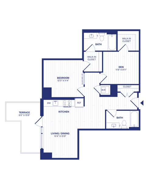 Floor plan for 1 bed, 1 bath, 900 sqft
