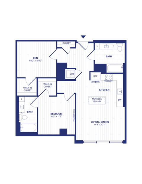 Floor plan for 1 bed, 2 baths, 981 sqft