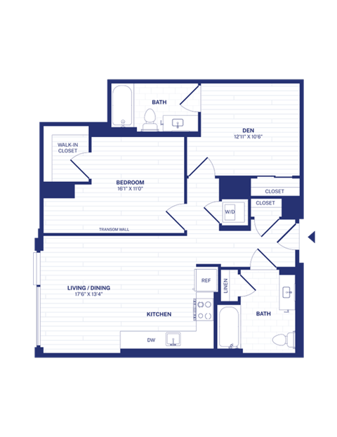 Floor plan for 1 bed, 2 baths, 903 sqft