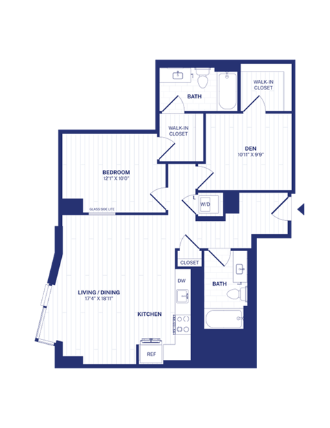 Floor plan for 1 bed, 2 baths, 981 sqft