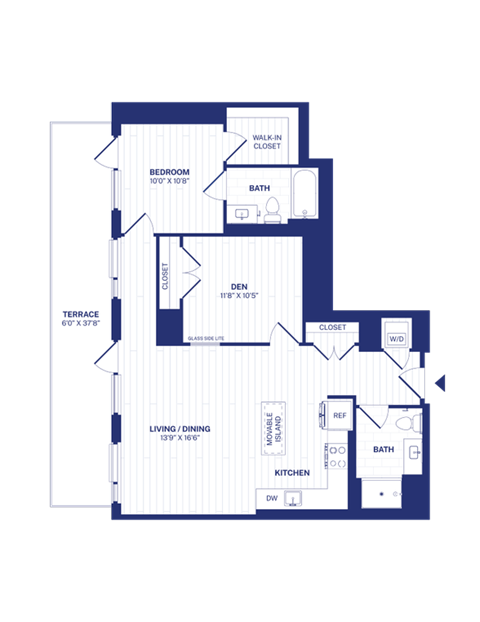 Floor plan for 1 bed, 1 bath, 1029 sqft