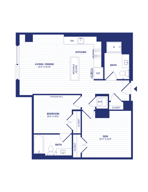 Floor plan for 1 bed, 2 baths, 925 sqft