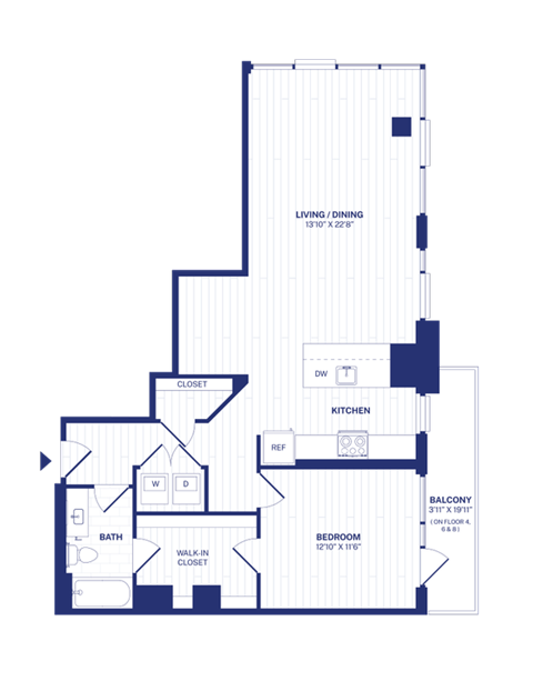 Floor plan for 1 bed, 1 bath, 1003 sqft
