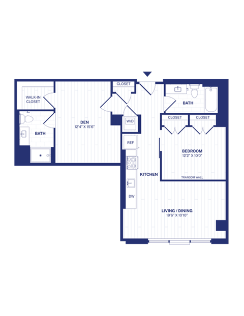 Floor plan for 1 bed, 2 baths, 943 sqft