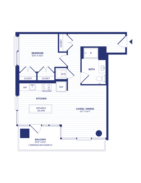 Floor plan for 1 bed, 1 bath, 695 sqft
