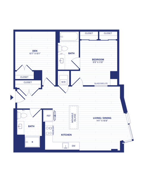 Floor plan for 1 bed, 1 bath, 901 sqft