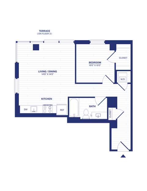 Floor plan for 1 bed, 1 bath, 676 sqft