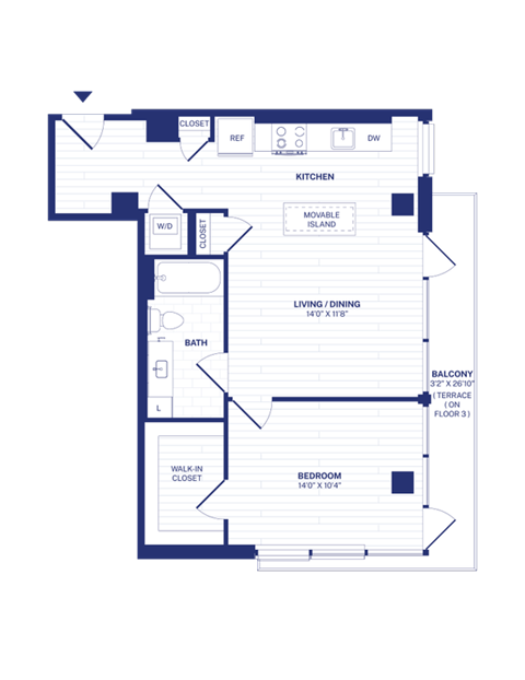 Floor plan for 1 bed, 1 bath, 713 sqft