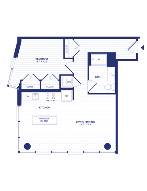 Floor plan for 1 bed, 1 bath, 749 sqft
