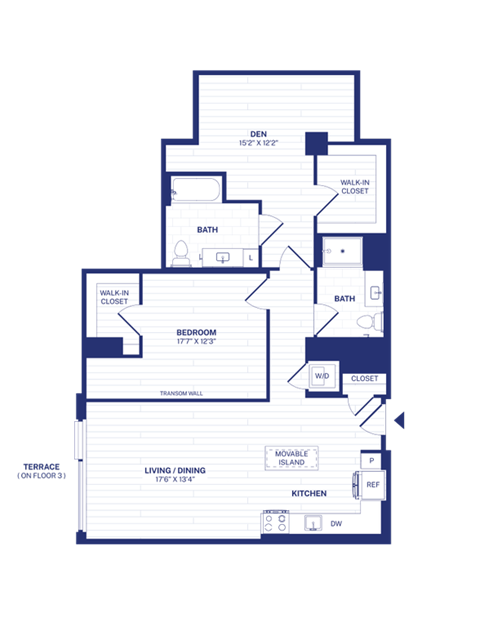 Floor plan for 1 bed, 2 baths, 1187 sqft