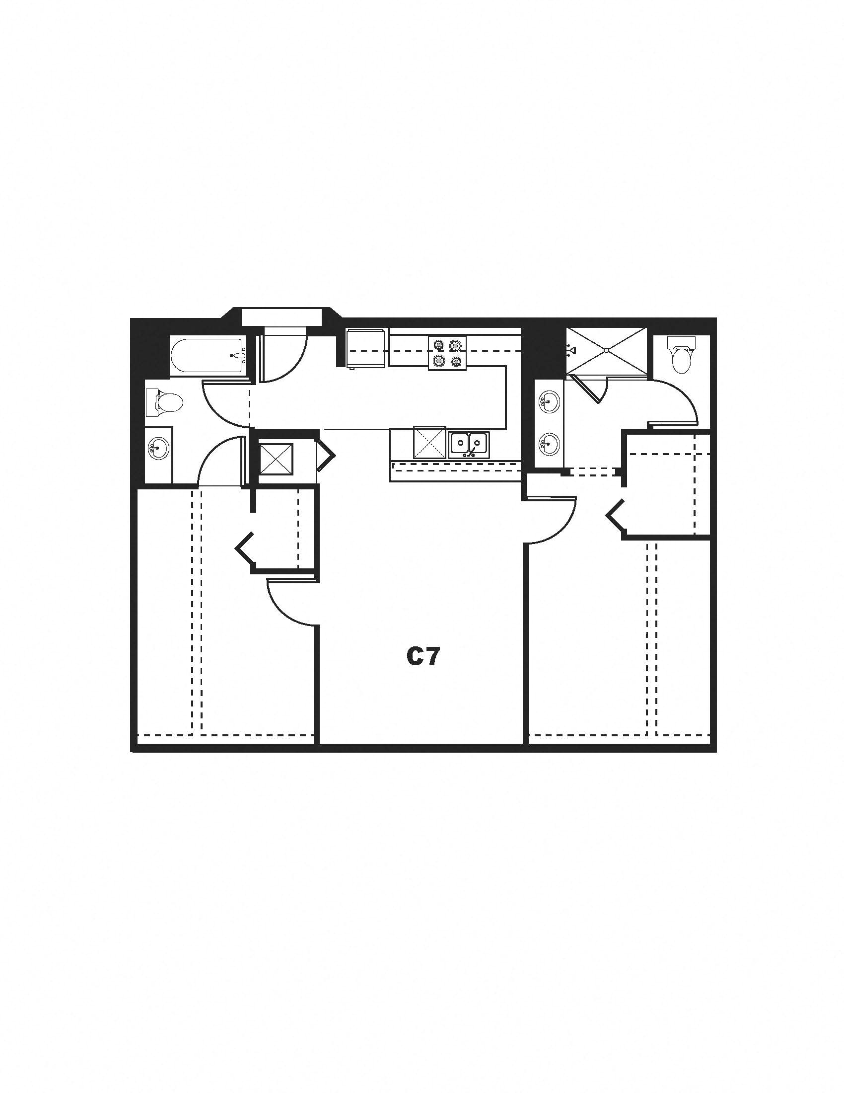 Floor plan for 2 beds, 2 baths, 1052 sqft