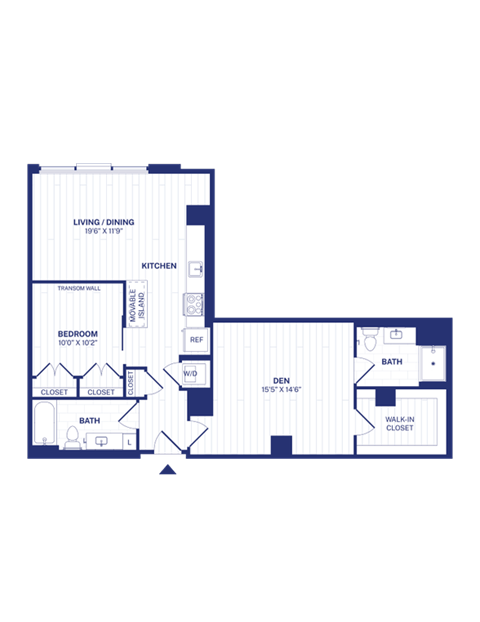 Floor plan for 1 bed, 2 baths, 1029 sqft