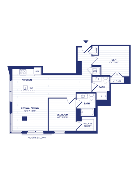 Floor plan for 1 bed, 2 baths, 1023 sqft